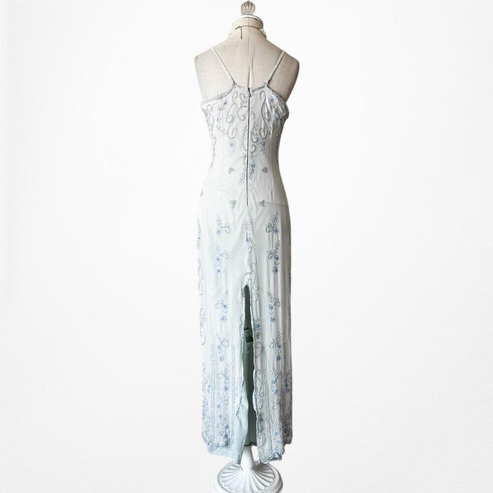 Vintage Y2K Silk Baby Blue Cream Bodycon Floral Beaded Maxi Prom Dress Size S - Picture 9 of 9
